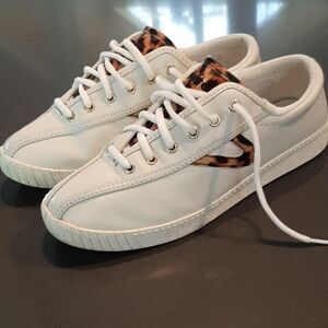 Tretorn White Leather Sneakers with Leopard Print Accent Color